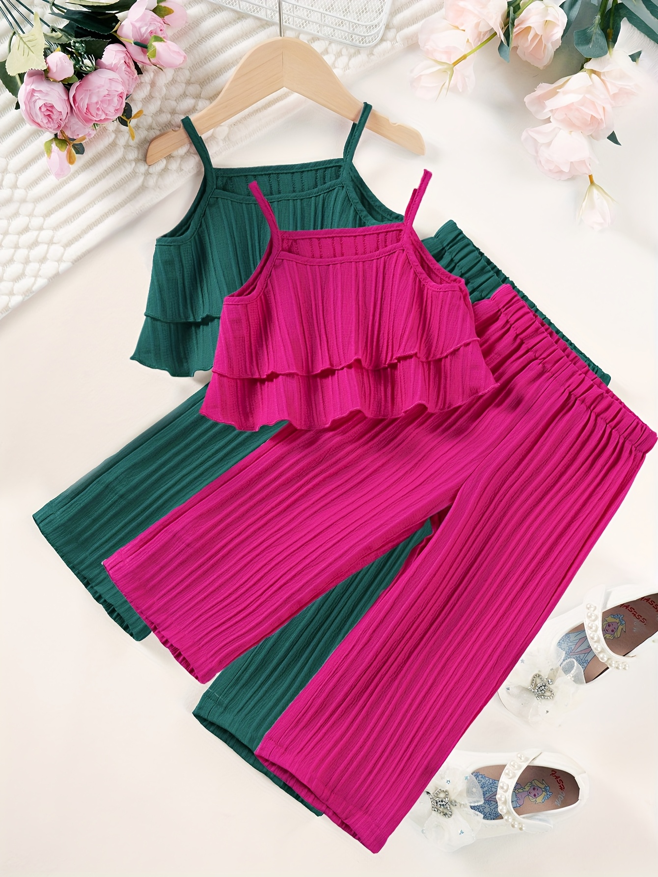 conjunto de 4 peças para meninas sem   com   e calças de perna larga - estilo casual de férias, verde  , rosa,  ,  , sem  , moda|design divertido|sem alças, para atividades ao ar livre
