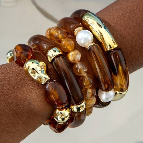 5pcs set fashionable vintage acrylic bead bracelets kc golden plated boho for womens parties and gifts