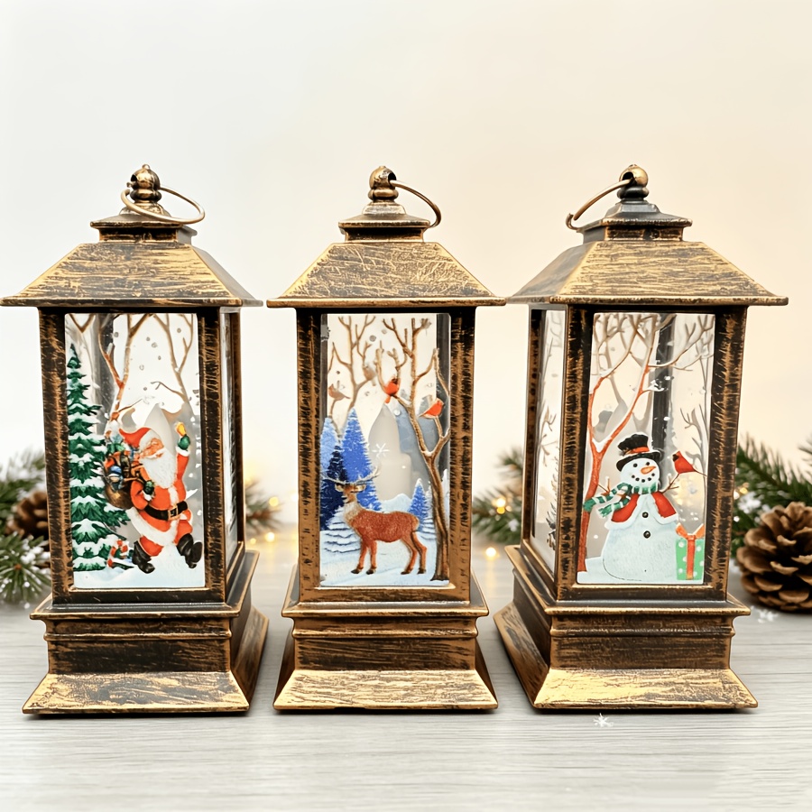 Image of 3pcs Of Mini Led Christmas Hanging Light, Vintage Style Designs Of Santa, Snowman, Reindeer Pattern, Indoor Holiday Decor, Christmas Tree Ornaments, Mini Light-up Tabletop Decorations