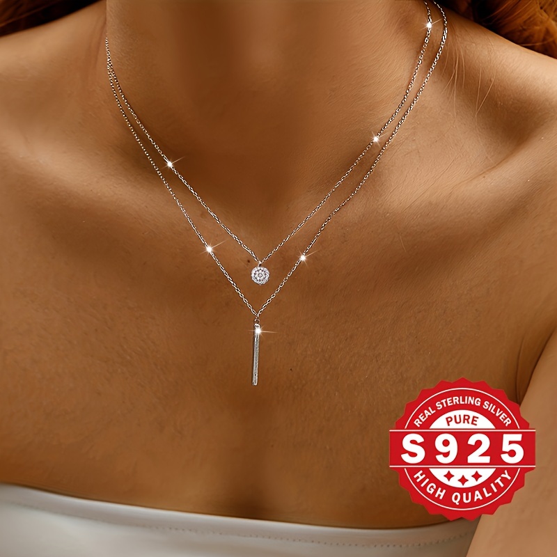 

1pc 925 Sterling Silver Double Layered Necklace Gifts For Women With Round Zirconia And Bar Pendant, Vintage & Simple Style, Hypoallergenic, Versatile Jewelry