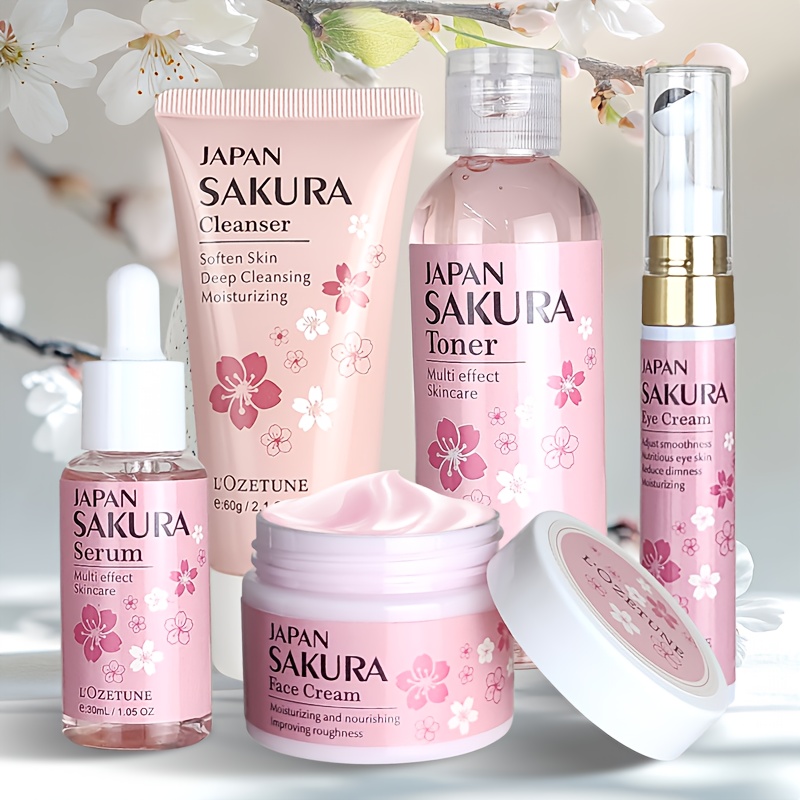 Cherry Blossom Skincare and Beauty Care Set, Includes Moisturizing Toner, Eye Cream, Facial Cleanser, Face Cream, and Cherry Blossom Essence. Suitable for All Skin Types: Dry, Normal, and Combination. Ideal for Post-facial Hair Removal Beauty Care.