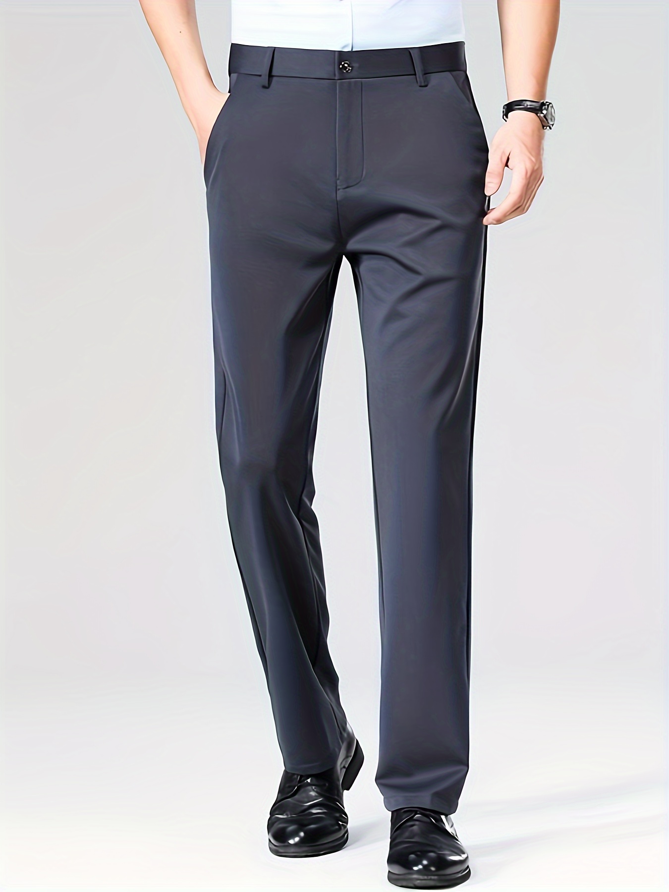 Men'S Relaxed Fit, Navy Blue Dress Pants - Stretchy Spandex Blend, Button-Fly, Mid-Rise, All-Season Workwear, Office Attire|Relaxed Fit Pants|Stylish Waistband