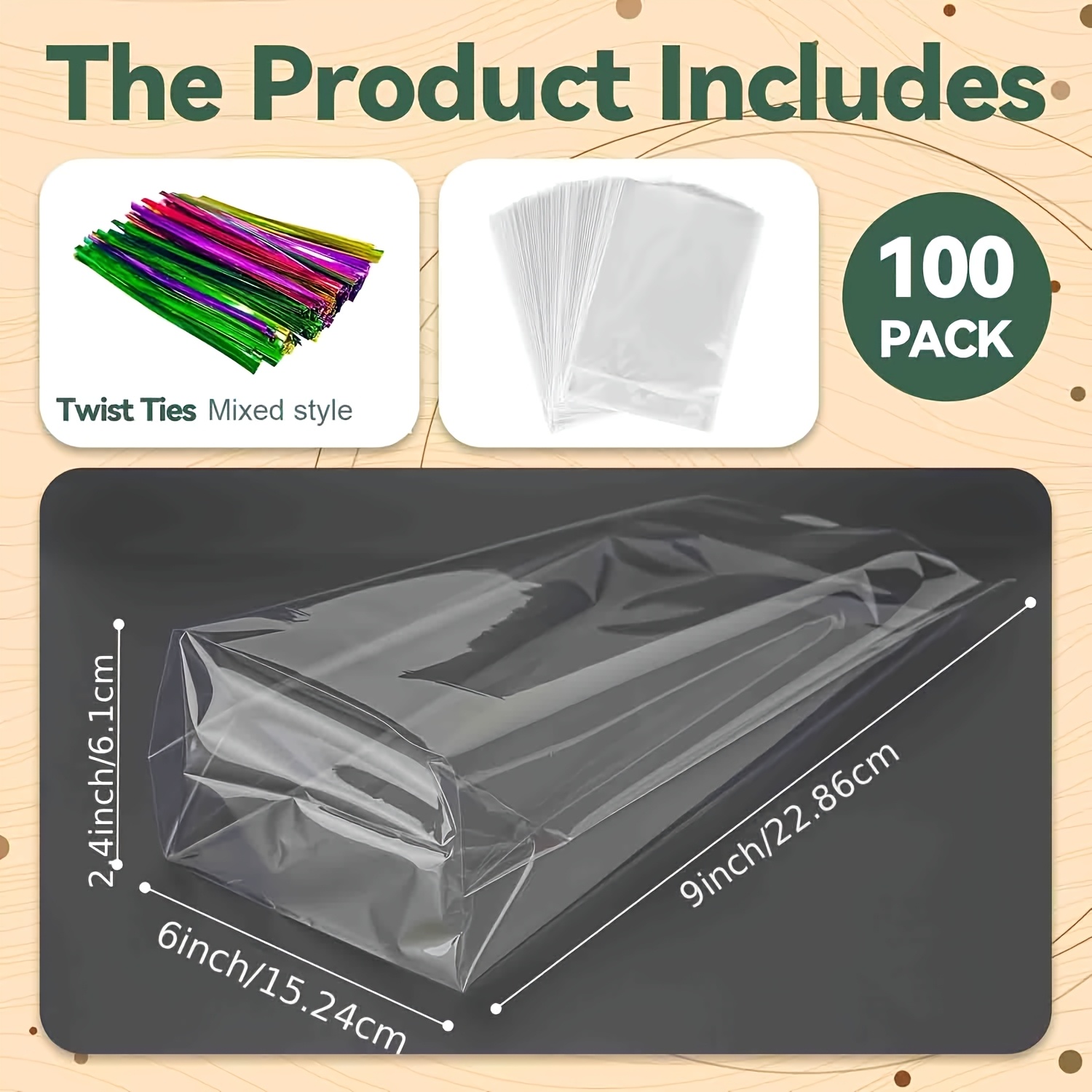 100pcs Clear Flat Bottom Cellophane Treat Bags With Gusset, Includes 100pcs Twist Ties For Candy, Popcorn, , Small Gift Wrapping (6×9×2.4 Inches)