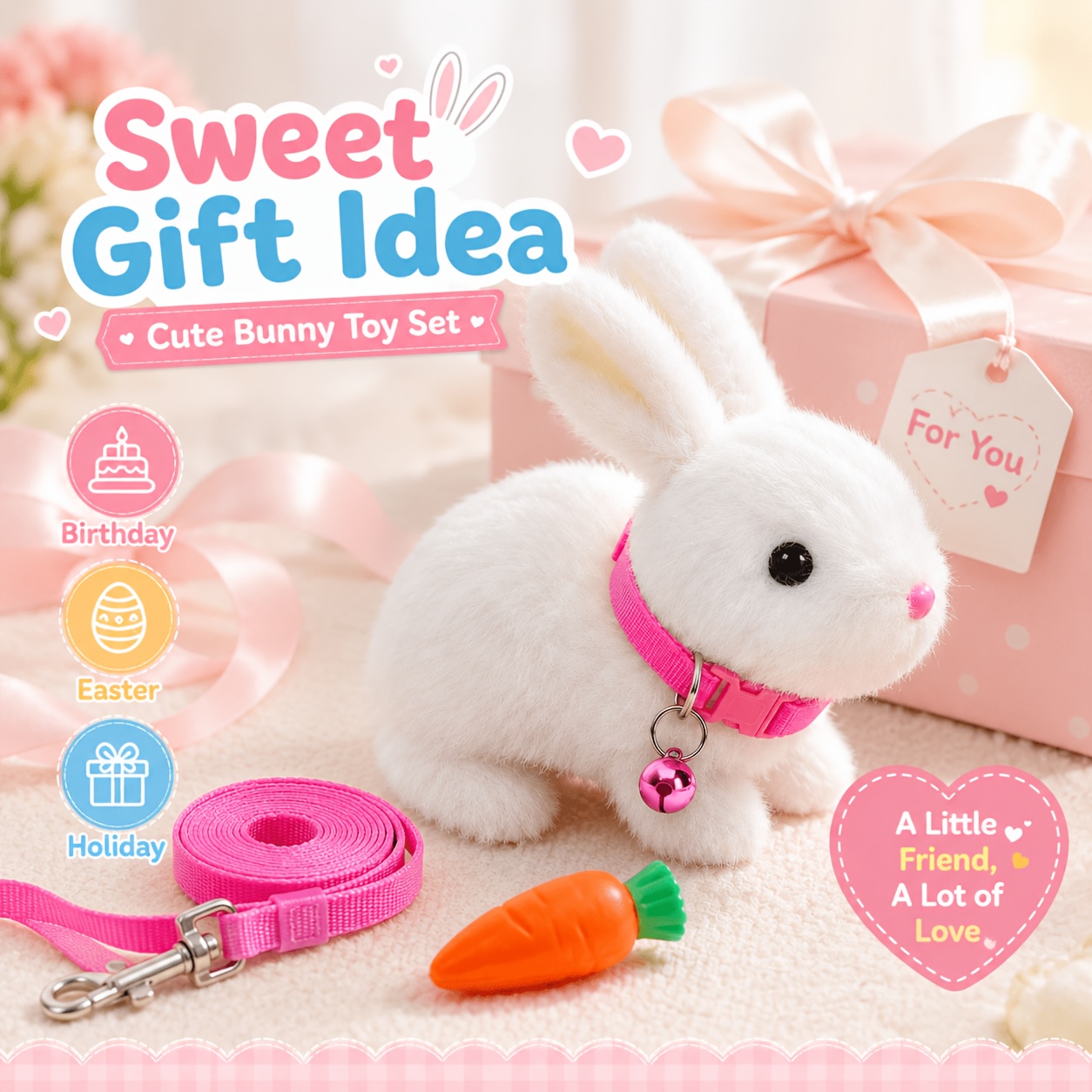 Plush Toy Set, Cute Rabbit Stuffed Animal With Pink Leash Bell Collar And Carrot Toy, Soft Plush Bunny Doll, Interactive Pretend Pet Toy, Easter Birthday Christmas Back To School Gift