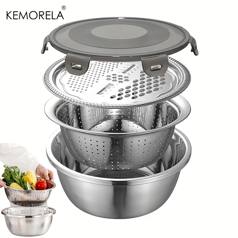 1pc   4 in 1 stainless steel kitchen multifunctional basin with lid airtight rice washer drain colander ginger cheese grater essential cooking tools