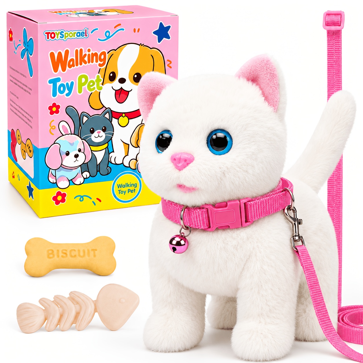 TEMU Plush Toys Electronic Walking & Meowing Cat Toy With Tail Wagging, Interactive Plush Pet Cat With Leash, Cute Robot Kitty Toy For Kids Toddlers,