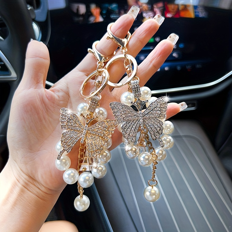 

Elegant Keychain With Pearl & Rhinestone Accents - Golden-tone Alloy, Lobster Clasp Design For Easy Attachment To Bags & Cars - Ideal Birthday Gift For Women, Decorations