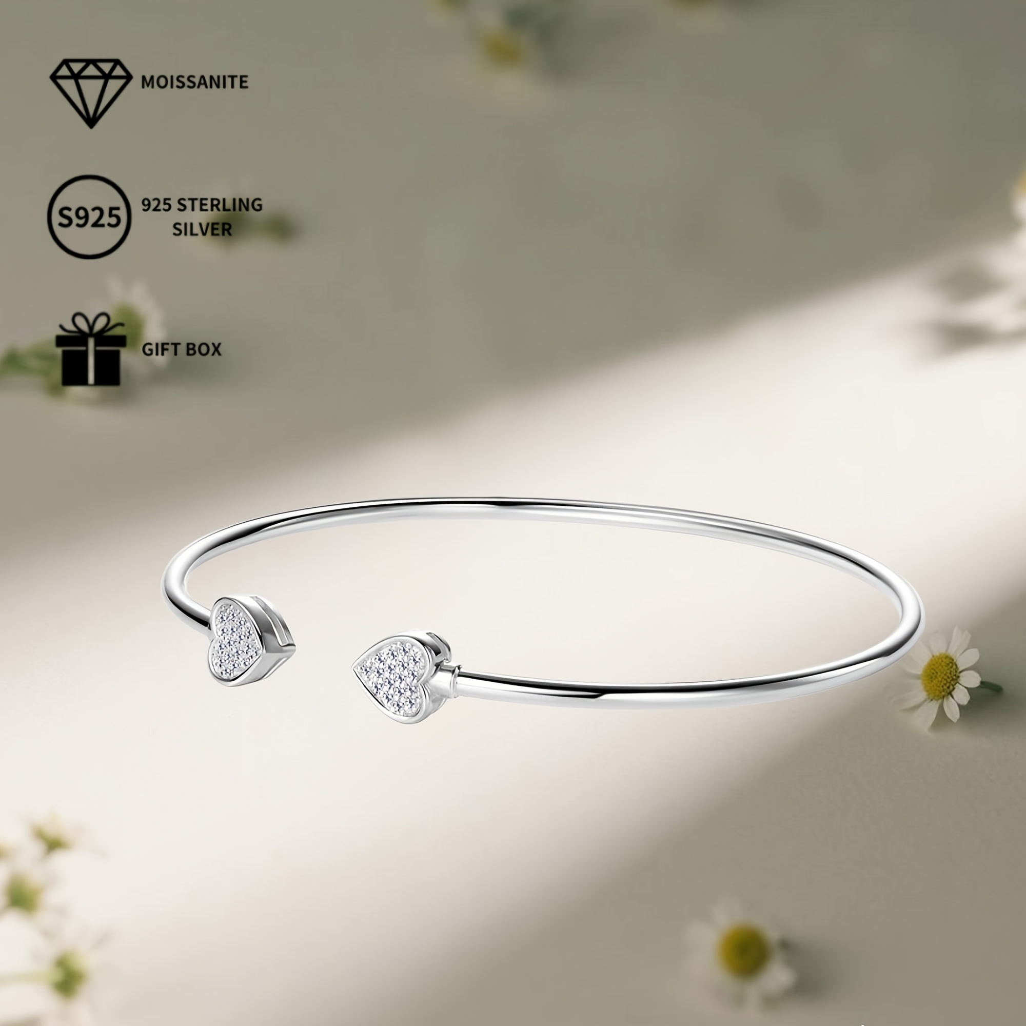 S925 Silver Heart Bracelet w/ Moissanite Stones, Adjustable Bangle