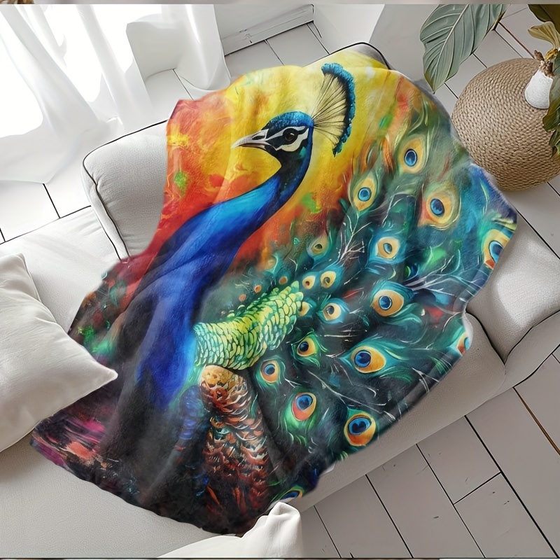 peacock print flannel throw blanket hypoallergenic hand wash woven   versatile for   ideal for couch bed and living room decor contemporary animal theme throw for adults and peacock enthusiasts details 5