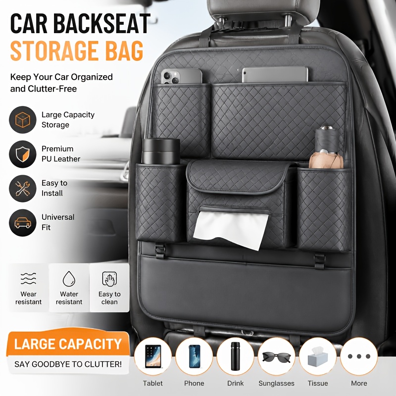 TEMU 1 High-quality Black Car Seat Back Organizer - Large-capacity Pu Leather Storage Bag, Suitable For Water Bottles, Tablets, And Accessories,