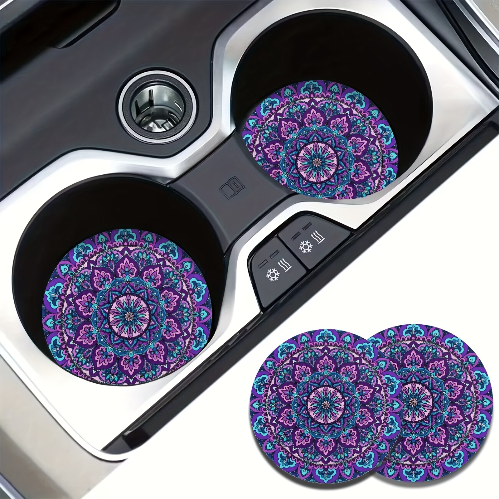 

2pcs Vibrant Purple Mandala Flower Car Cup Holder Coasters - Absorbent Polyester, Stylish Drink Mats For Vehicle & Home Decor, Car Coasters For Cup Holders