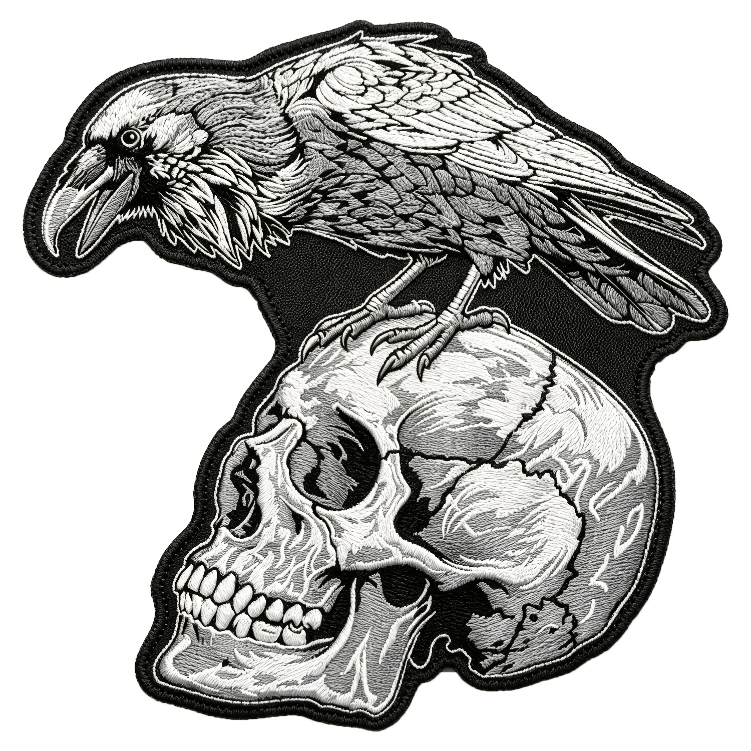 TEMU Perched On Human Skull Iron On Embroidered Patch, Gothic Black White Applique Badge For Biker Jacket Backpack Vest