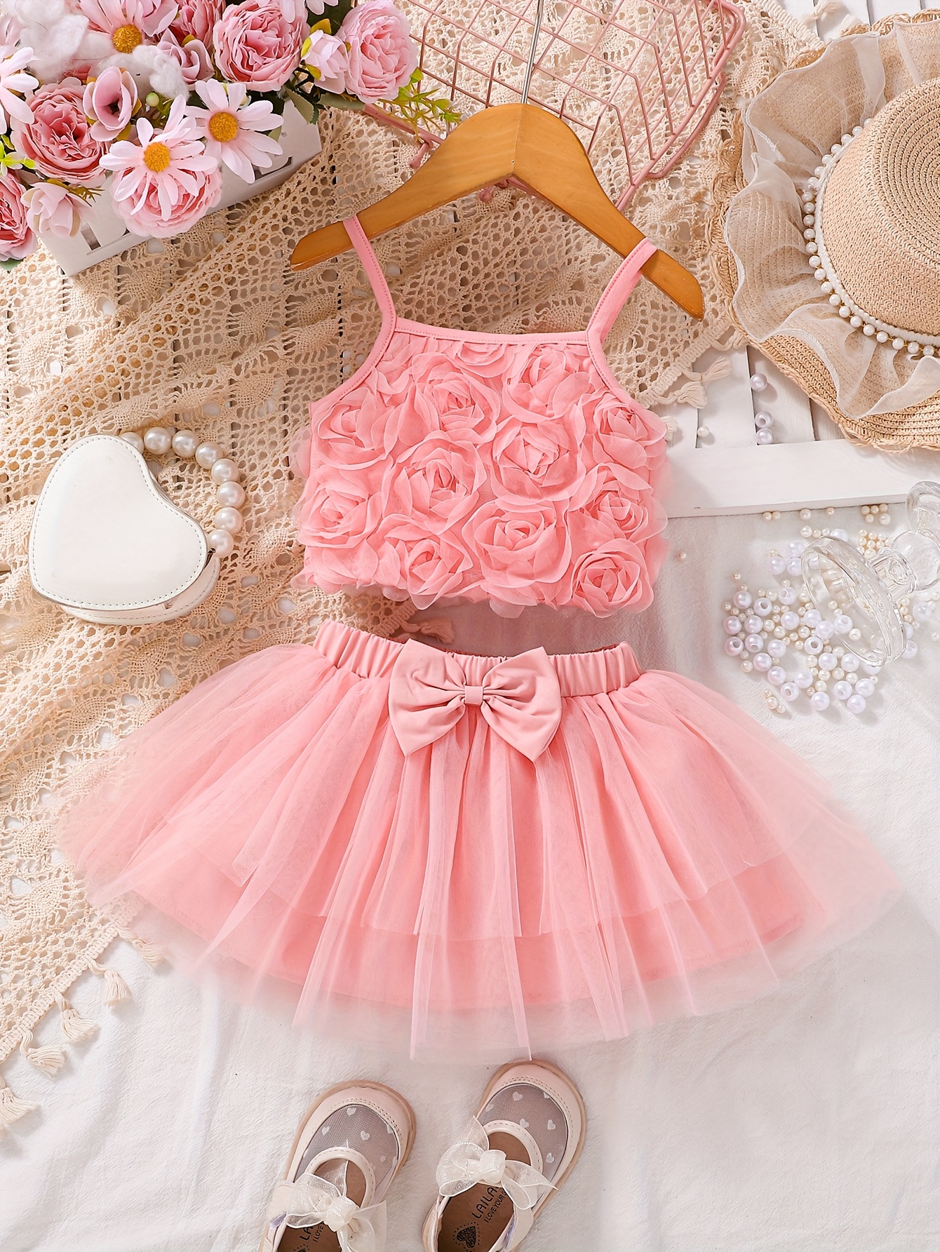 2pcs 3d floral suspender dress set sweet - Temu Oman