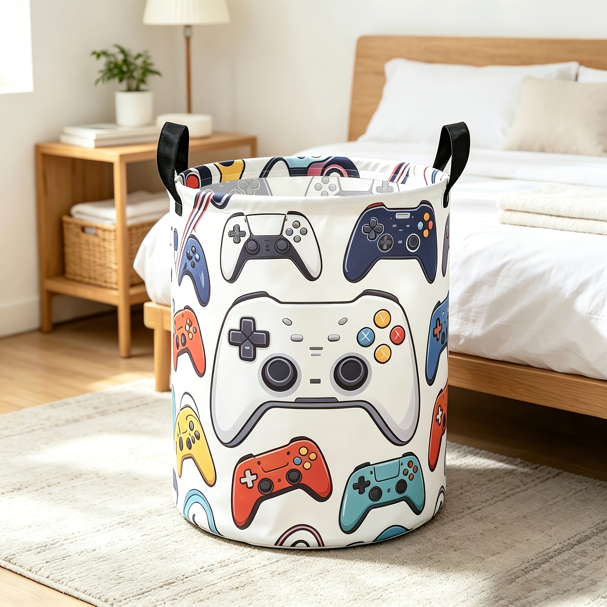 TEMU 1 panier à linge imprimé " de jeu colorée", panier en tissu pliable avec poignée, boîte de rangement pour vêtements avec motif de jeu rétro,