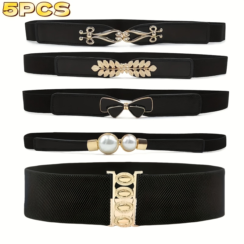 TEMU 5pcs Women's Elastic Black Belts With Golden Buckles, And Remove, Featuring Leaf And Bow Buckles, Suitable For Dresses, Pants, Casual Wear, And