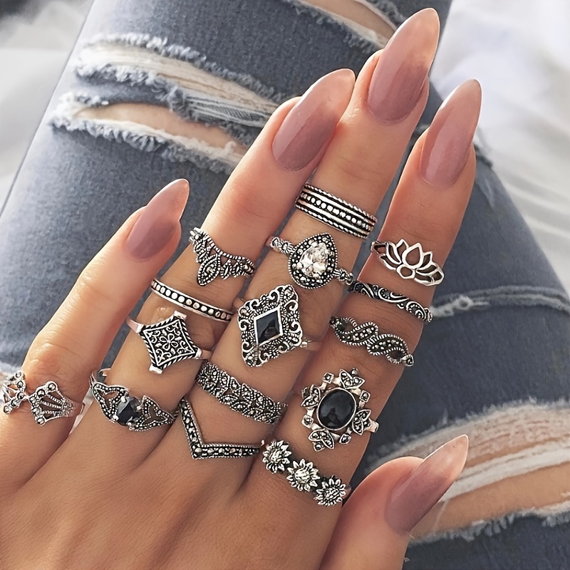 

15-piece Women's Hollowed-out Lotus Knuckle Ring, Crown Set With Drops, Didi Vintage Overlapping Ring
