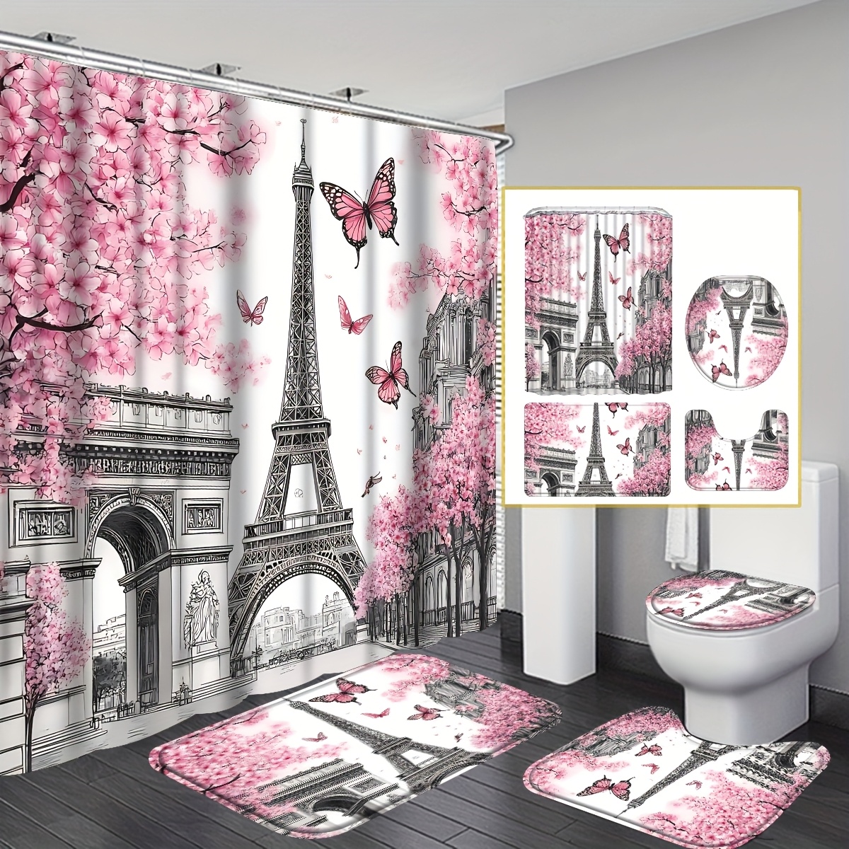 TEMU 4pcs Tower & Cherry Shower Curtain Set, Durable Bathroom Curtain Set With 12 Hooks Non-slip Bathroom Rug, Toilet Mat, Toilet Lid Cover, Modern