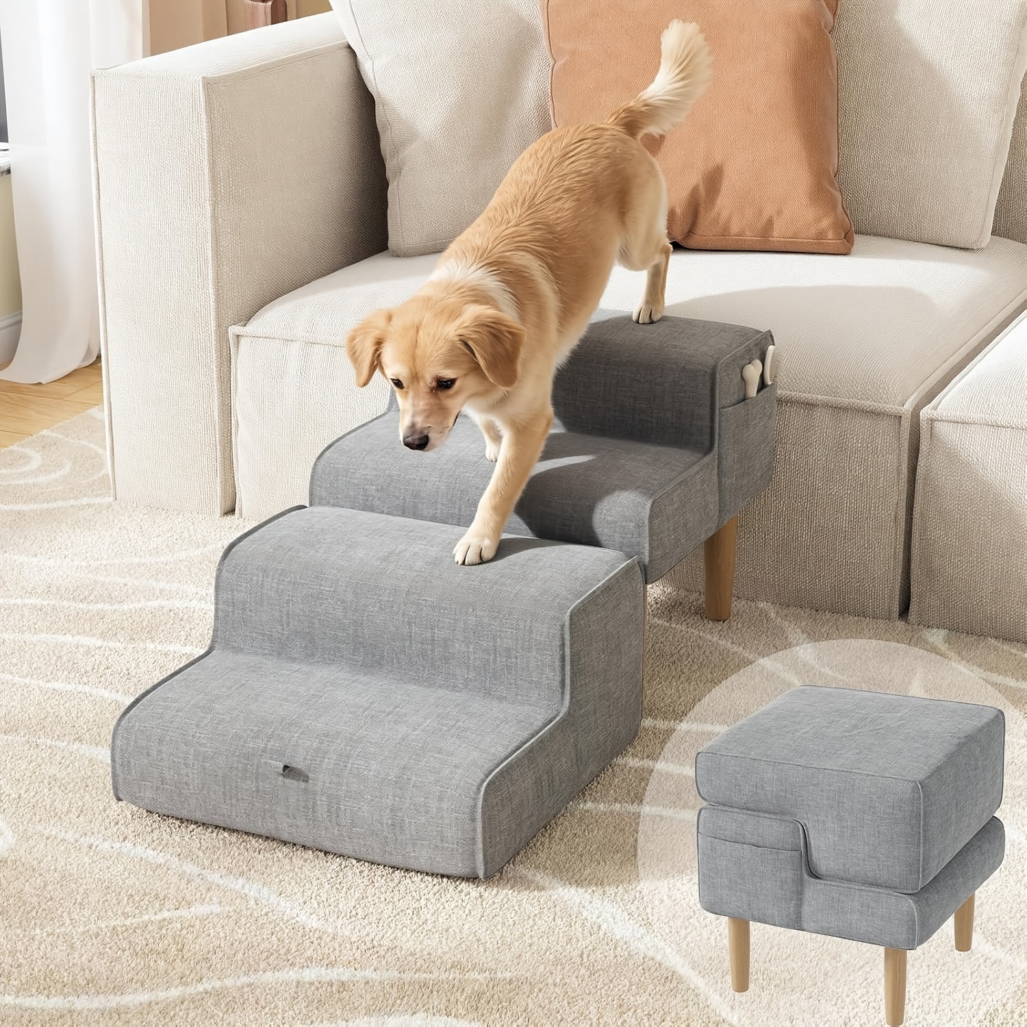 Image of 4-step Foldable Dog Stairs Suitable For Small Large Senior Pets, 2-in-1 Pet Staircase With Sturdy Steps, Space- For Sofa Bed Ramp For Dogs, Climbing For Puppies & Senior Canines
