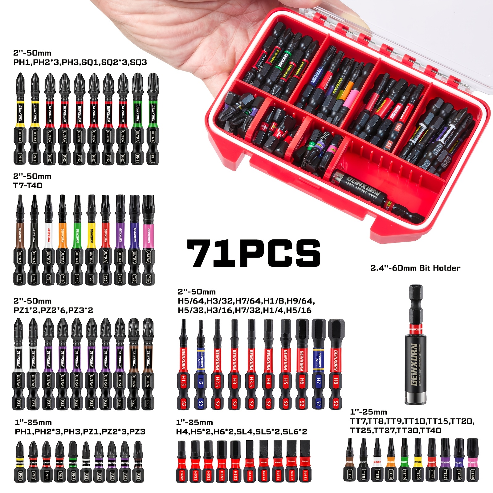 TEMU Jeu de 71 embouts de tournevis à chocs GEINXURN, embouts de tournevis 25 mm/50 mm, avec porte-embouts magnétique télescopique et mallette de