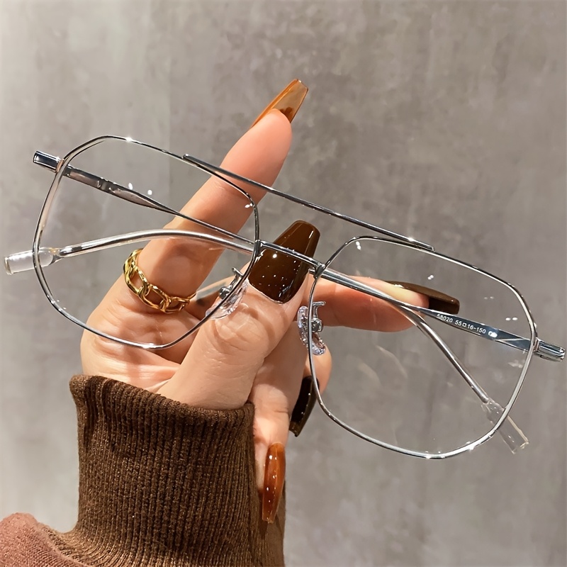 TEMU Vintage Retro Double Beam Anti-blue Light Glasses For - Non-prescription Full-rim Metal Frame With Black & Transparent Accents, Durable Round