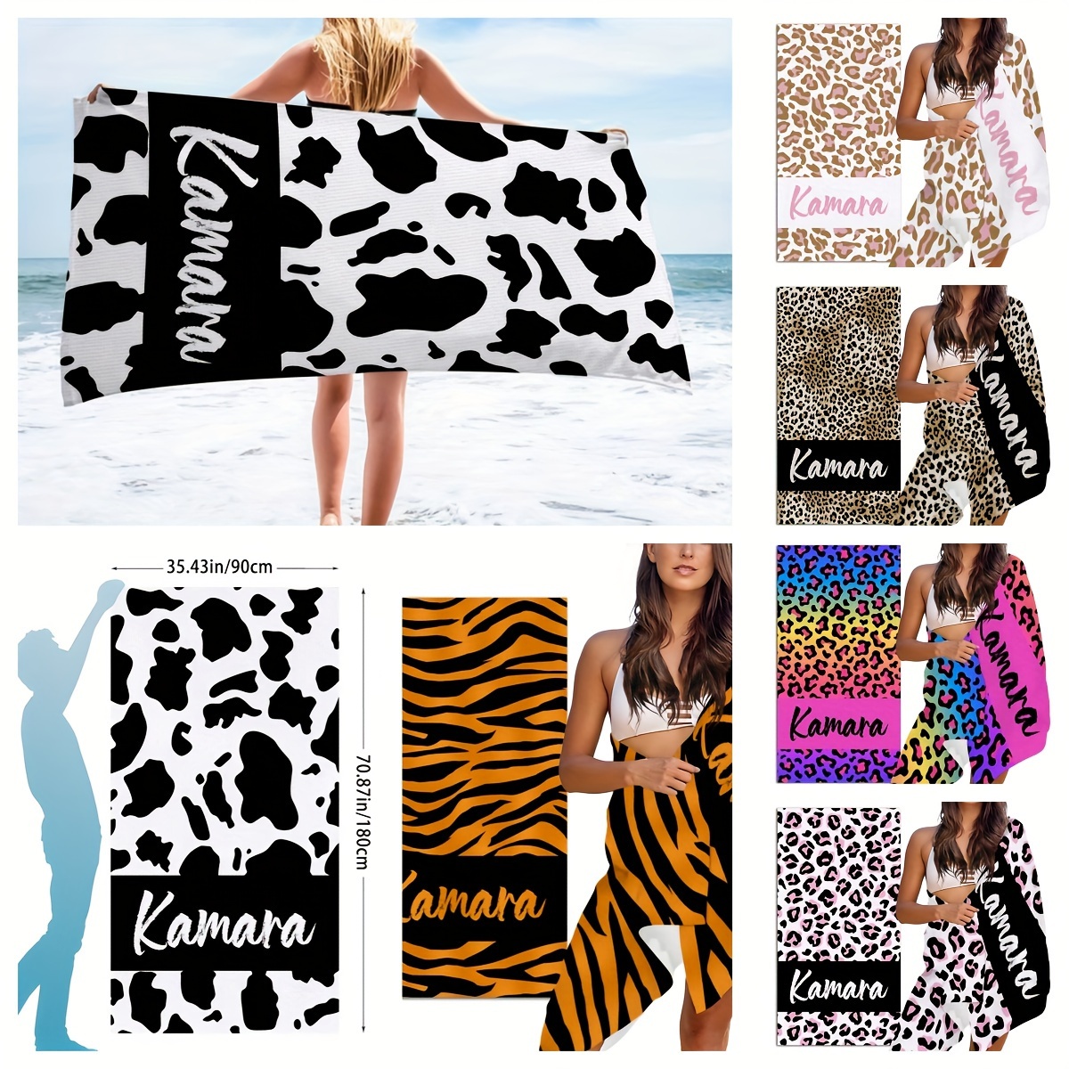 

1pc Customized Beach Towel, Cow Printed Personalized Beach Blanket, Super Absorbent & Quick-drying Swimming Towel, Suitable For Beach Swimming Outdoor Camping Travel, Ideal Beach Essentials