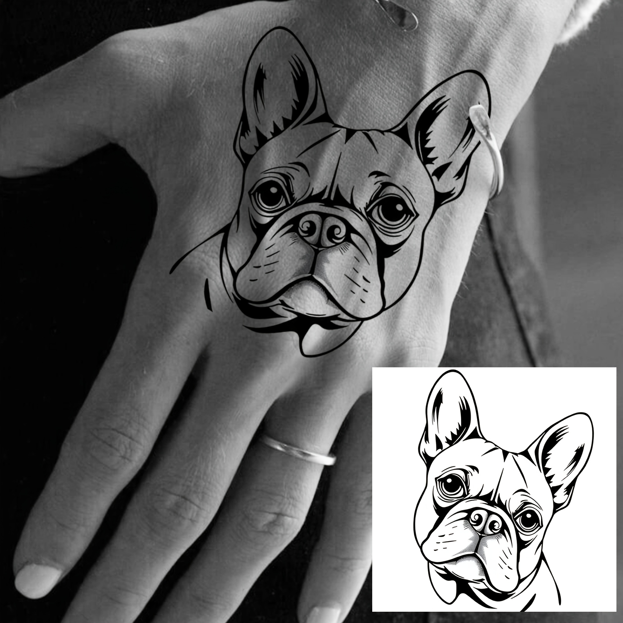 A Temporary Tattoo Sticker Featuring A Black French , Suitable For Adults, Women, And Men. To Body Parts Such As Hands, Neck, Legs, Shoulders, Ankles, Forearms, And Calves. Semi-permanent, Waterproof