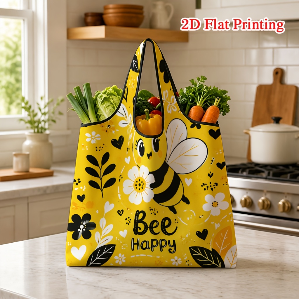 TEMU 1pc Cartoon Bee And Flower Pattern 2d Printed Shopping Bag, Large Portable Tote Bag, Suitable For Grocery Shopping And Travel, Machine Washable