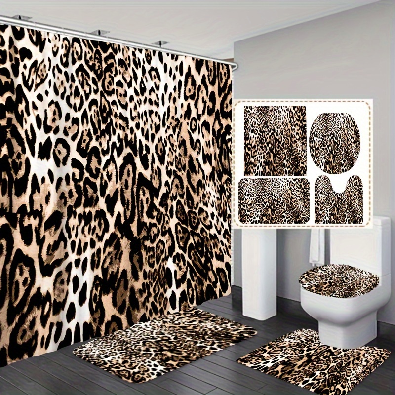 

1/3/4pcs Leopard Print Shower Curtain Set, Non-slip Rug, Toilet Lid Mat And Bath Mat, Waterproof Bathroom Curtain With Free Hooks, Bathroom Accessories