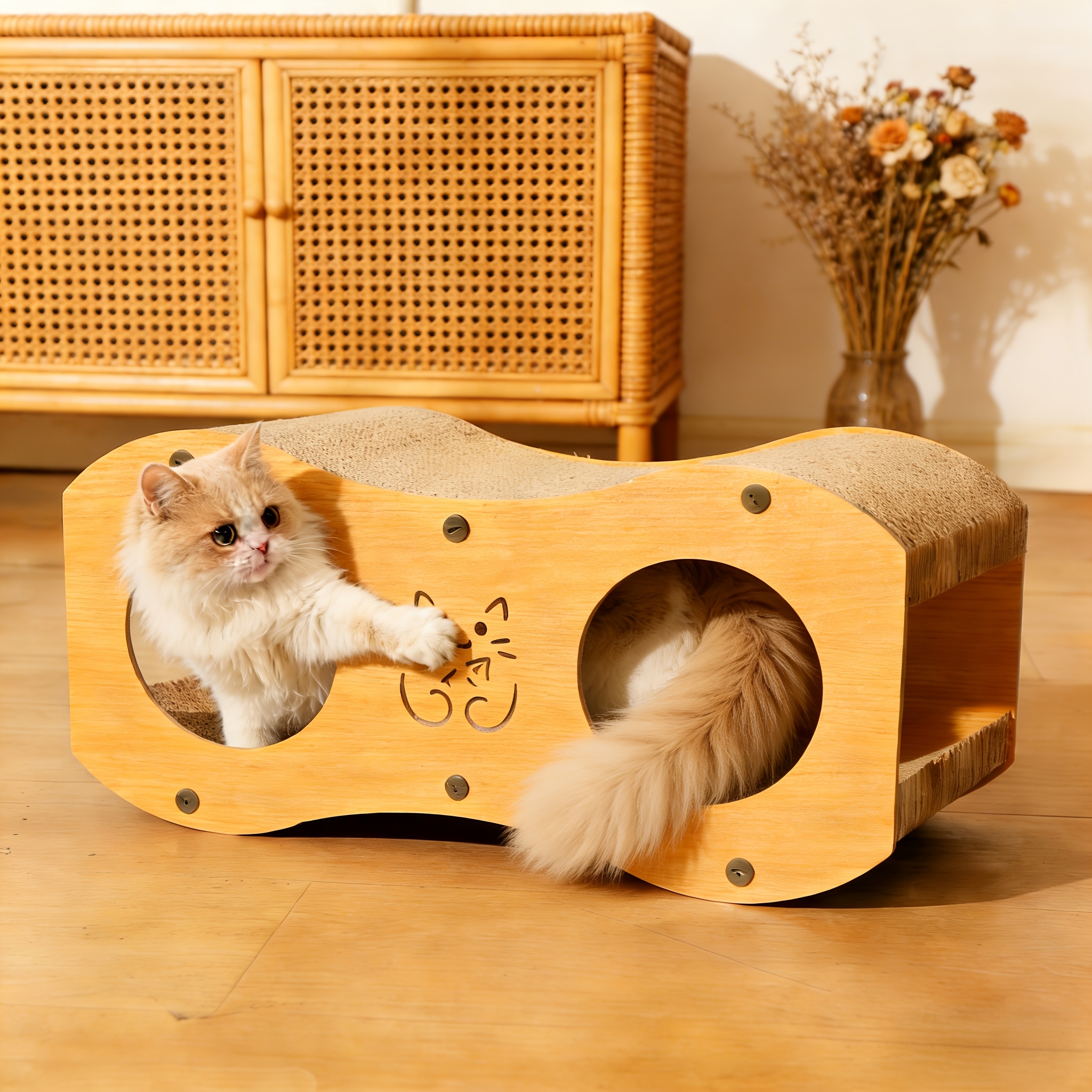 Image of Large Cat Scratching Post And Tunnel Hideaway, Featuring A Cat Teaser Toy, Materials That Are Safe And. This Multifunctional Cat Bed And Toy Is And Long-lasting, In Walnut Or Oak Color