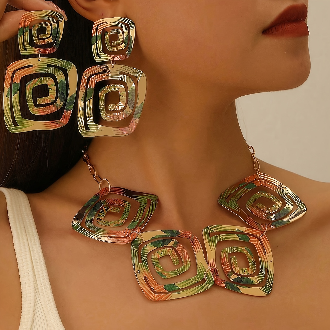 TEMU 2pcs Earring And Necklace Set Women's Tropical Plant Print Hollow Square Spiral Design Exquisite Glossy Spring Summer Daily Party Vacation Music