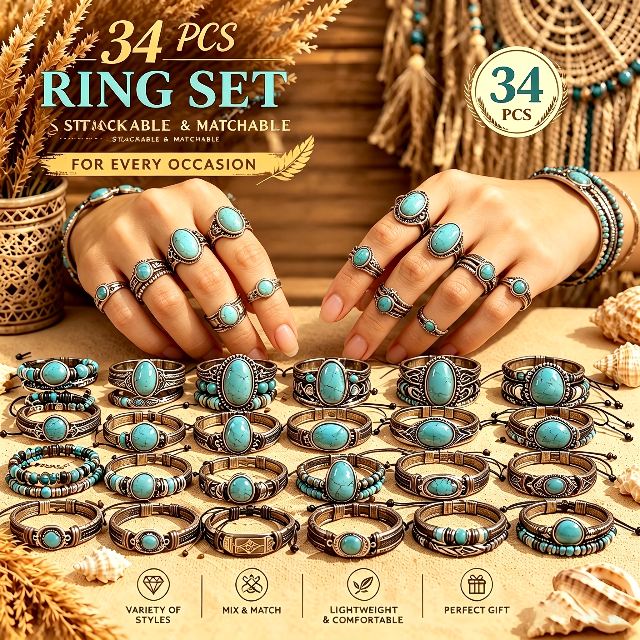TEMU Random 34pcs Vintage Bohemian Turquoise Ring Set, Featuring Geometric, Teardrop, Floral, And ; Unisex; Perfect For Casual Attire, Travel,
