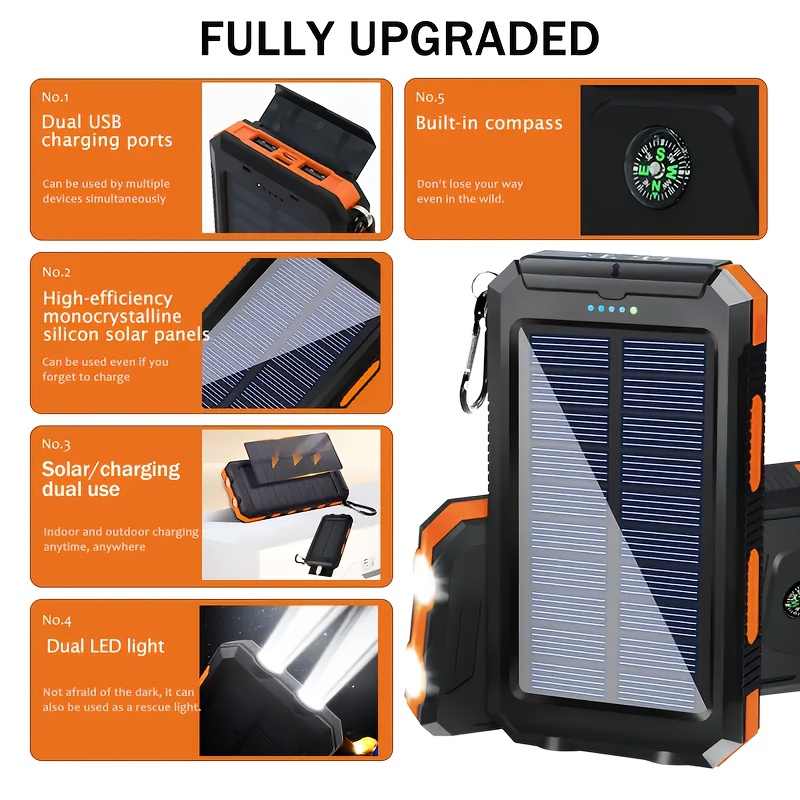2pcs Solar Charger 20000mAh, Portable Dual USB Output Solar Charging Panel, Fast Charging External Battery Pack, Built-in LED Flashlight Emergency Model for Hiking. (Pack of 2), Solar Battery, Portable Power Station with Solar Panel
