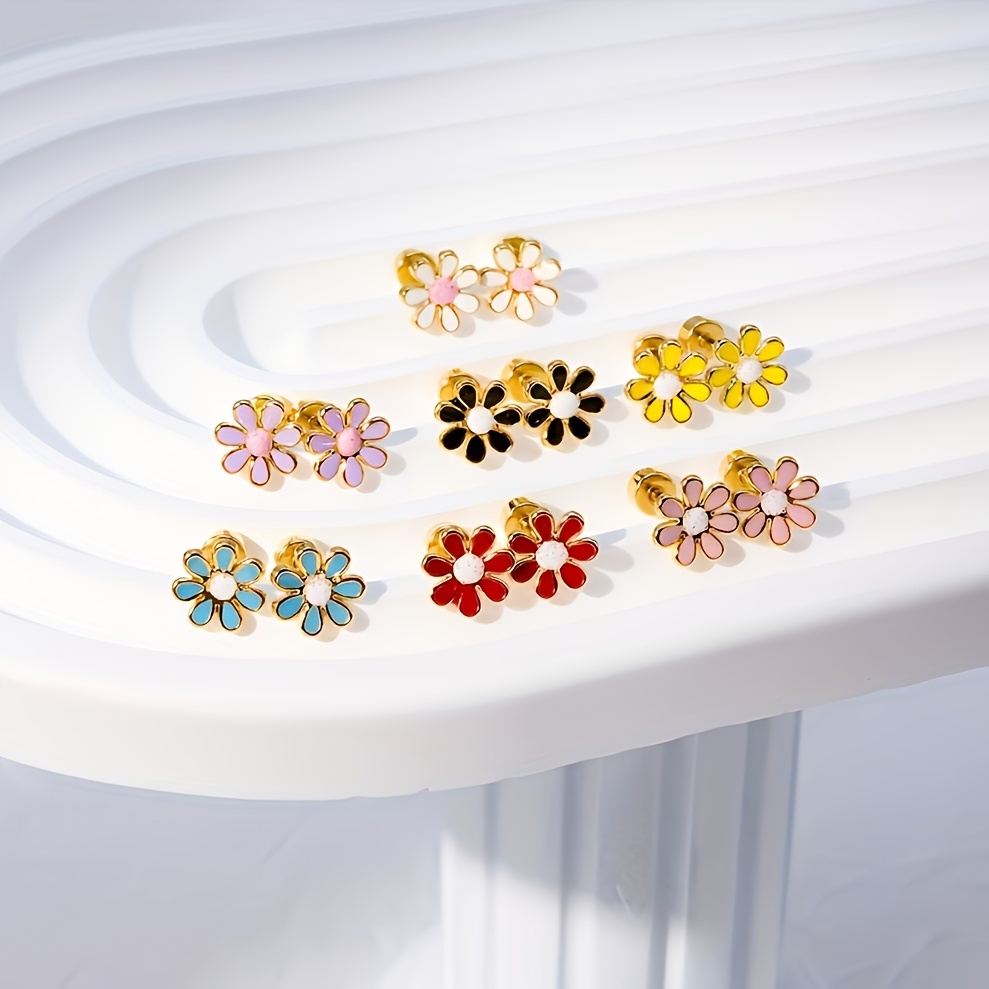 

1 Pair Colorful Sunflower Screw Stud Earrings Stainless Steel Stud Earring Electroplated Plated 7 Colors Available Flower Stud Earrings