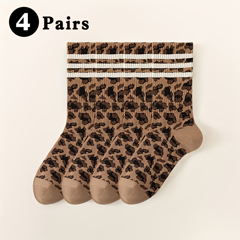 E-shop 4 Paar Damen Leopard Print Gestreifte Mid-Calf Socken, Herbst Winter Damen Socken Weich Bequem Atmungsaktiv Schweißabsorbierend Trendige Socken,