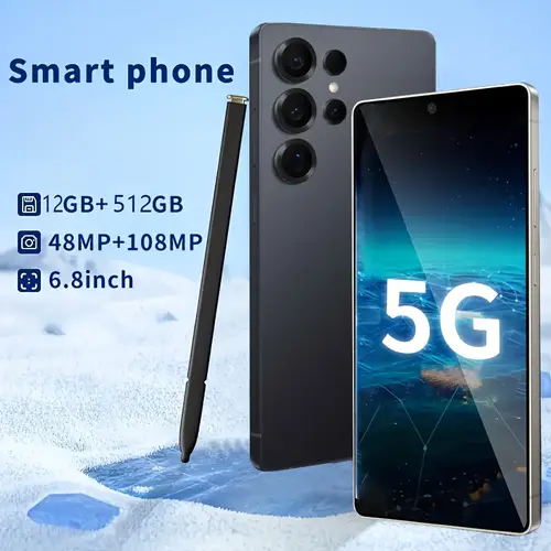 unlocked 5g cell phones android 14 smartphones 12gb 512 8 hd display 108mp 48mp camera 6800 mah pen face recognition unlocking gps type c charging cable case screen protector included perfect gift for holidays