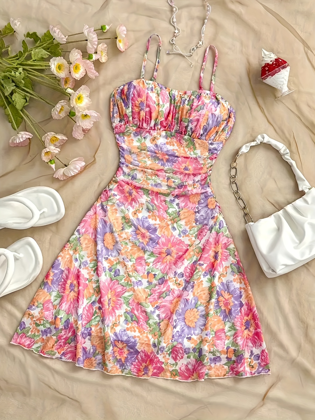 ladies floral print dress new spaghetti - Temu Bahrain