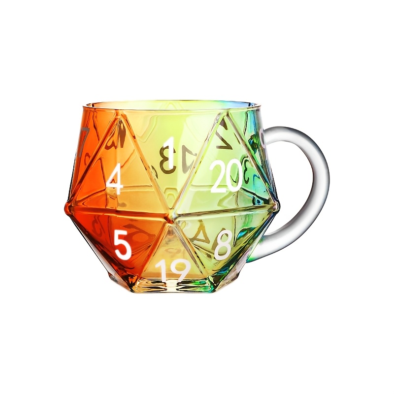 Rainbow D20 Dice Mug, 20-sided Polyhedral Dice Gaming Mug, Heat Resistant Transparent Glass Cup For Football Game Viewing & Rpg Board Games, Halloween & Christmas Gift For Gaming & Soccer Lovers