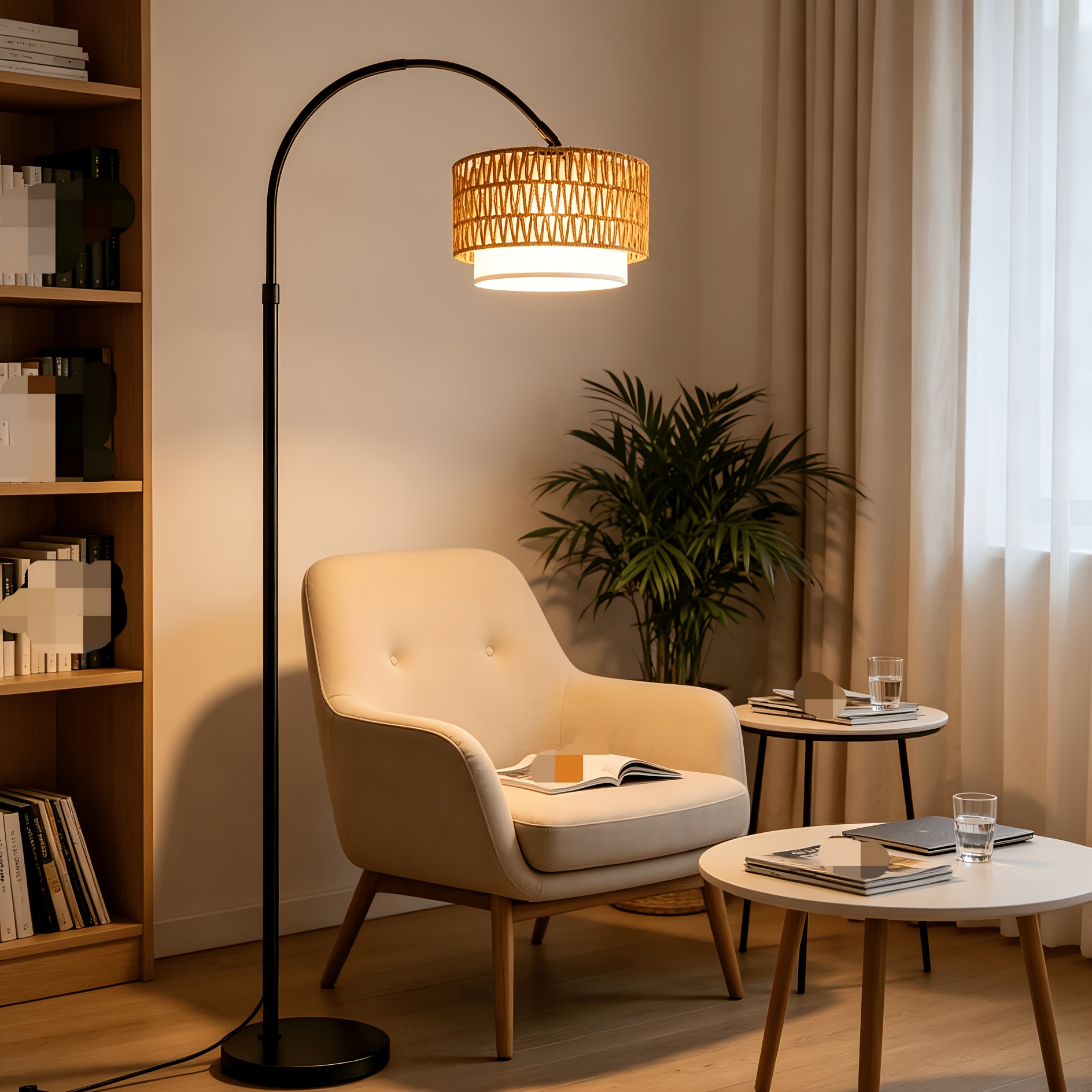 Image of Arc Floor Lamp, Living Room Bohemian Style: Rattan Floor Lamp, Modern Arc Lamp, Height Adjustable 165-180cm, Suitable For Office, Bedroom Without