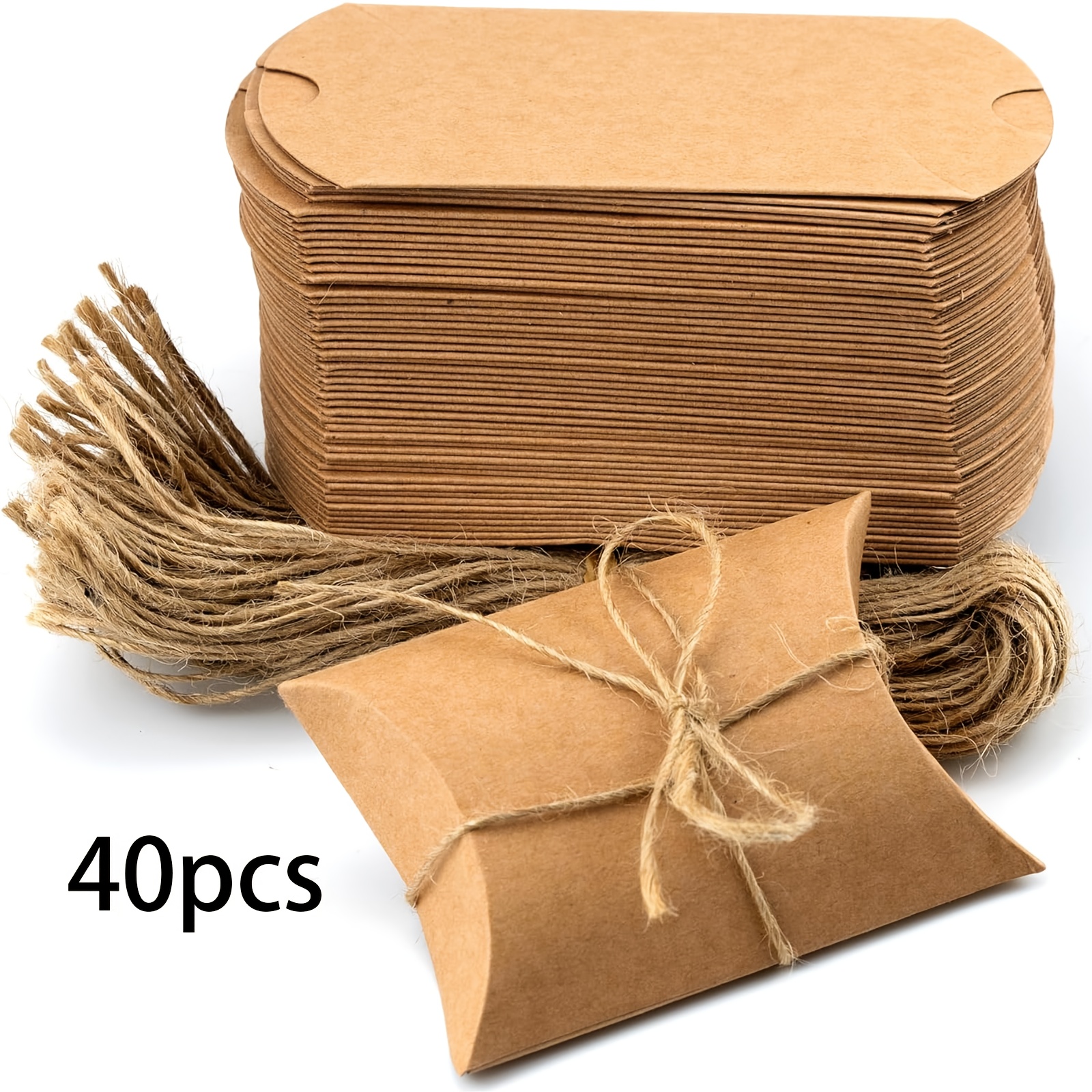 Image of 40pcs Mini Paper Gift Boxes With Natural Hemp Rope - Foldable Pillow Packaging, Paper Boxes For Jewelry, Candy, Wedding, Birthday, Party Favors - Rustic Wedding Decorations & Gift Wrapping Supplies