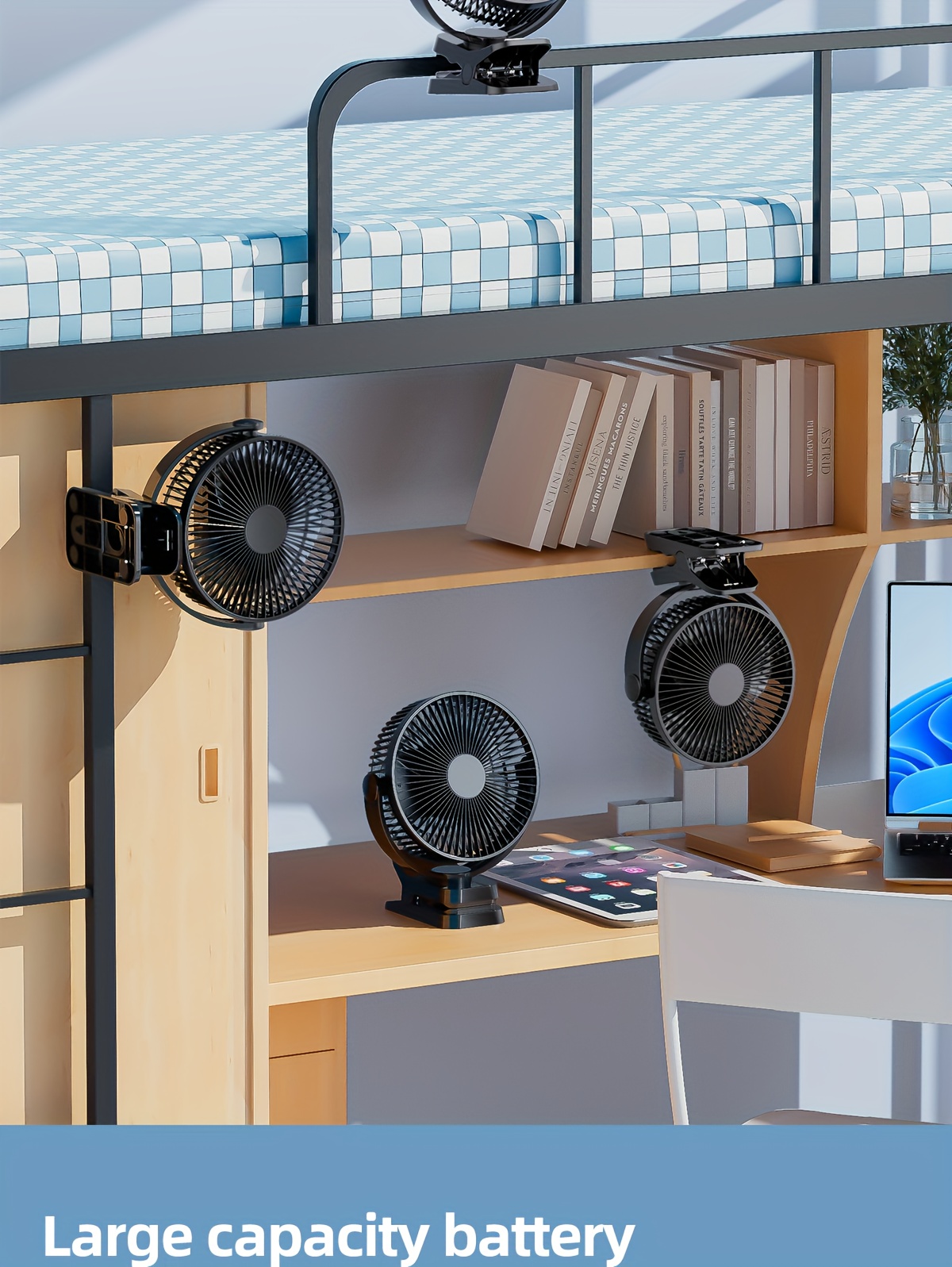 8-inch USB Charging Clip Fan Suitable for Bedroom, Dormitory, Bedside, Office, Desktop, Camping, Travel, Fishing, Can Be Clipped, Hung, Detachable, Washable, Digital Display with Five Levels of Wind Power, 10000mAh Battery with Power Bank Function