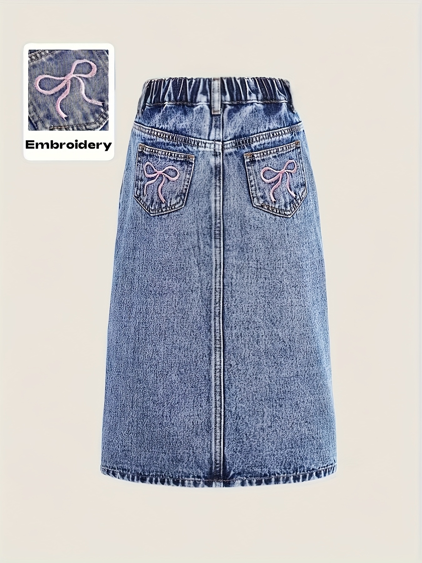Medium-large Size Girls' A-line Denim Skirt with Back Pocket Bow Embroidery, Elastic Waistband, All-season Wear, Versatile Vintage Denim Skirt for Street Fashion, Loose Fit, Holiday Beach Skirt, Suitable for Festivals and Outdoor Activities