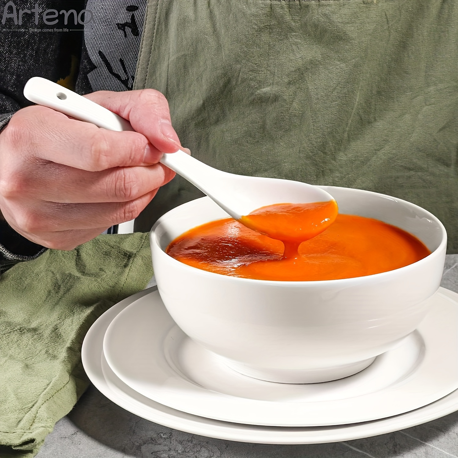 (4 bowls+4 spoons)* Asian Soup Bowls with Spoons,26oz Pasta,Ramen,Pho Bowls  and Soup Spoons Set,Advanced Porcelain Elegant White Cereal Bowls for