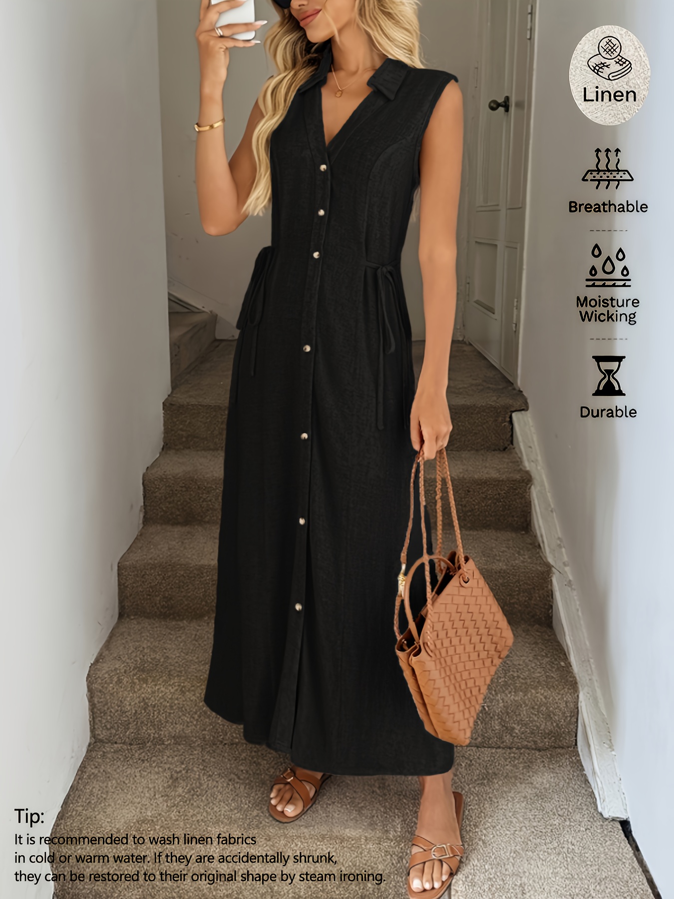 sleeveless linen button down dress Linen Button Dress – Nati Boutique main image 0
