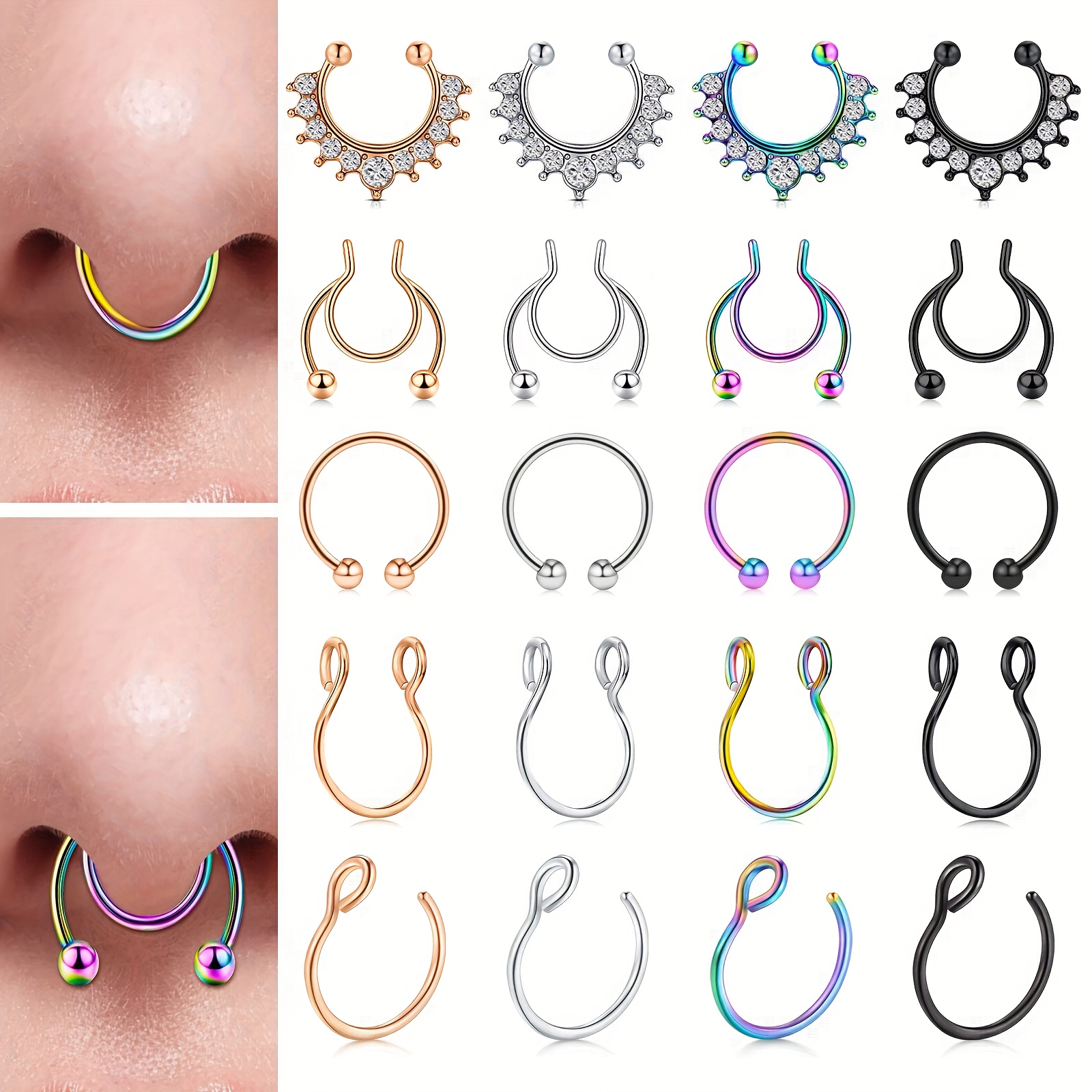 set of 20 simple   nose rings, classic stainless steel   nose rings, nose septum rings, lip rings, ear rings, no piercing required, suitable for   men and women 0