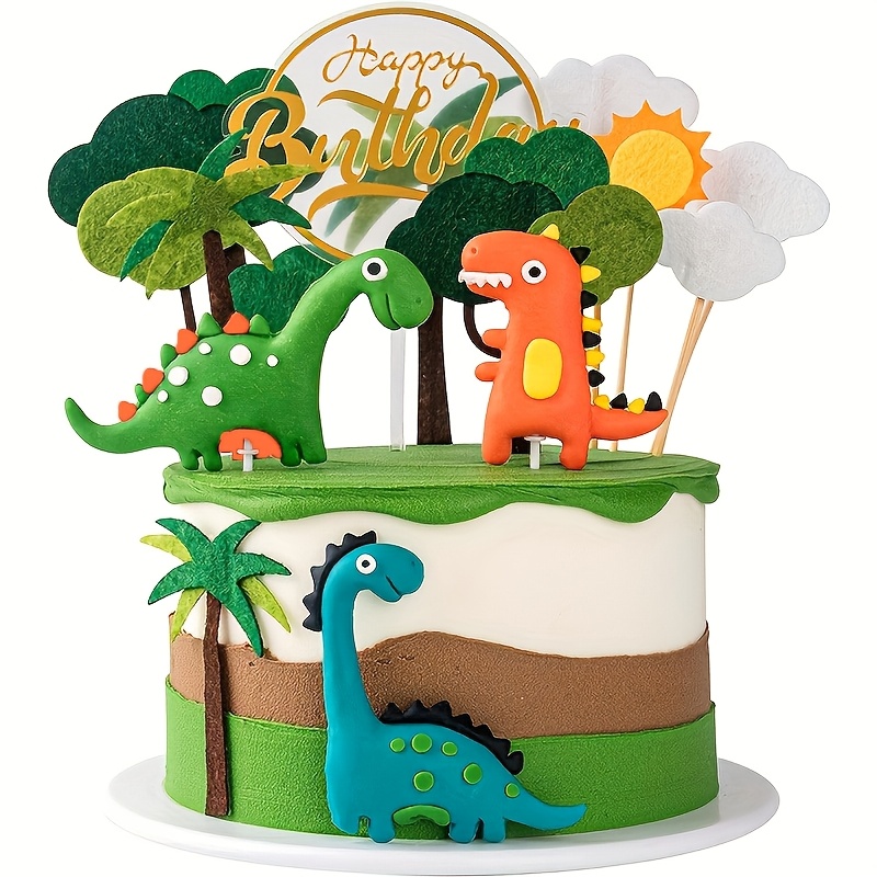 

3d Dinosaur Birthday Cake Topper Set - Creative Mini Dino Decorations For Party & Cupcakes, No Power Needed