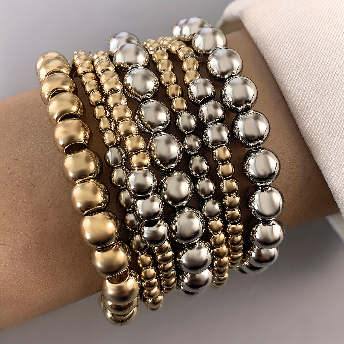 

7pcs Punk & Minimalist Beaded Bracelet Set - Golden & Silvery Tone, Parties & Casual Attire