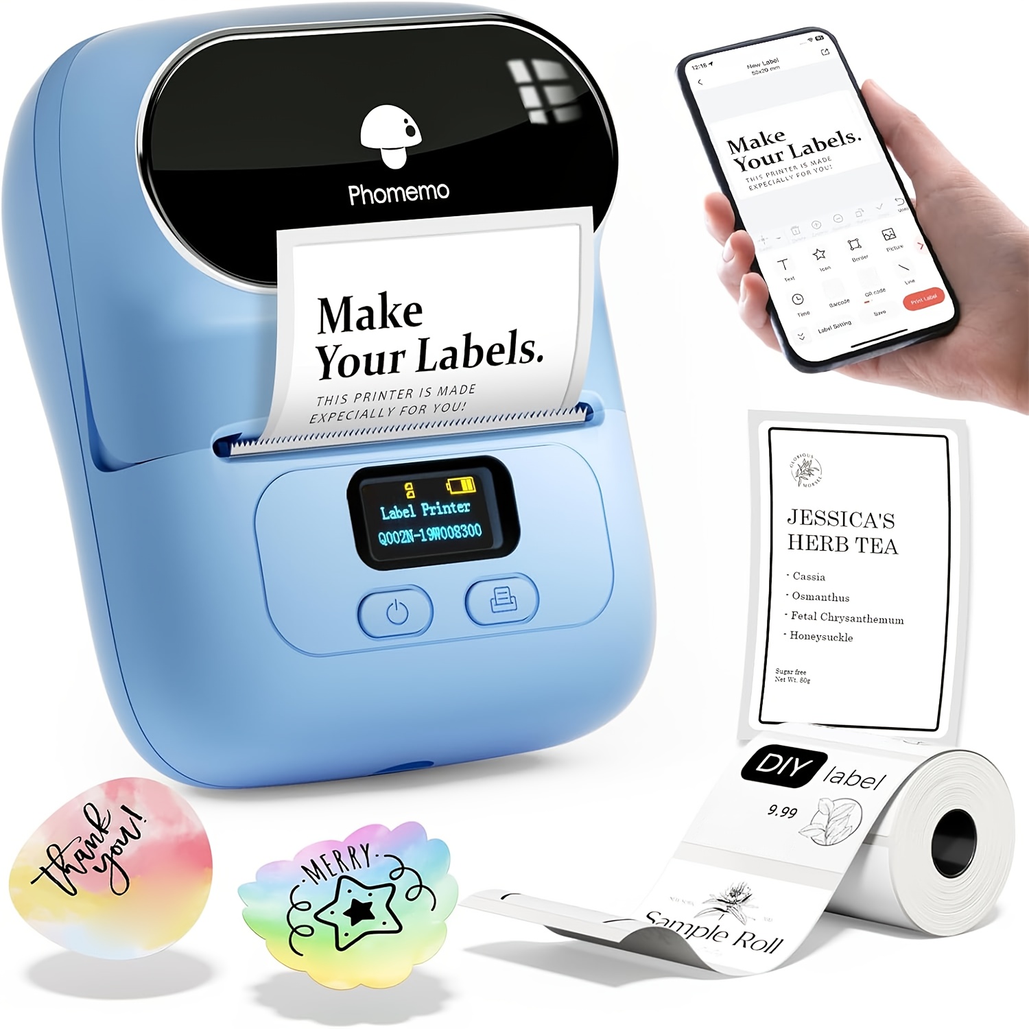   label printer m110 barcode printer   wireless portable thermal label maker for product address small   home for phone tablet with 100pcs labels lake blue