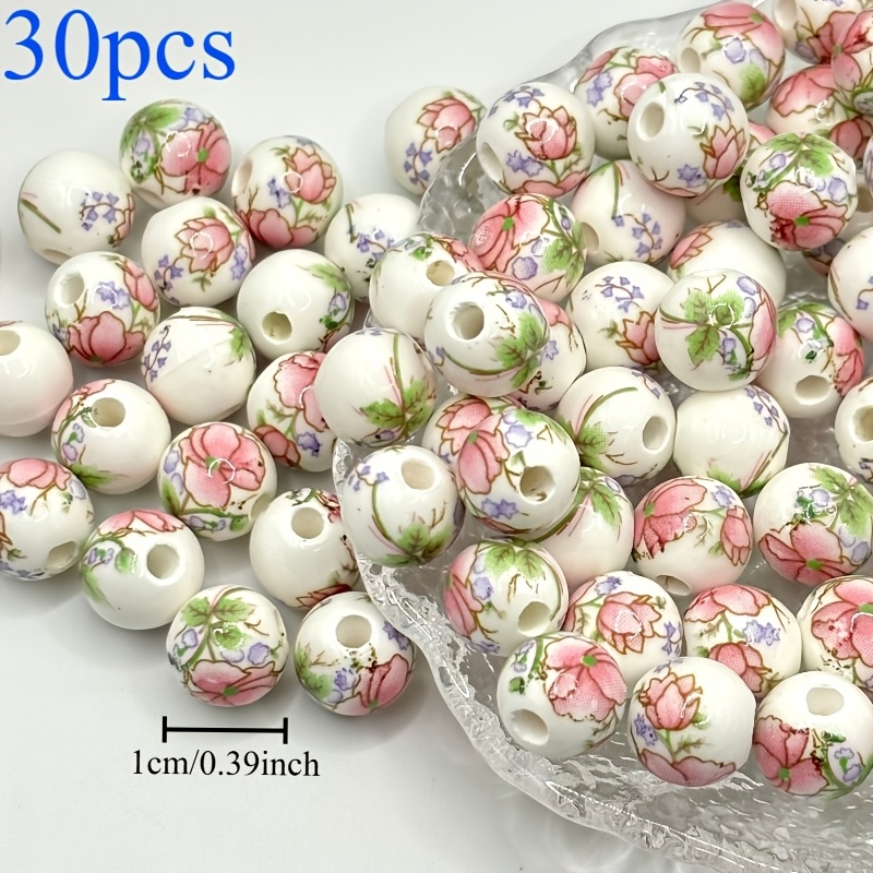 TEMU 30pcs Cuentas Decorativas Multicolor, Cuentas de Cerámica Florales, Agujero Grande - Cuentas de Artesanía de Cerámica Impresas Chinas. Adecuadas