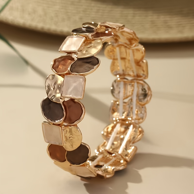 TEMU 1pc Vintage Warm Brown Contrast Color Drip Oil Irregular Geometric Stretch Women's Bangle Bracelet, Commuting Afternoon Tea Atmosphere Jewelry,