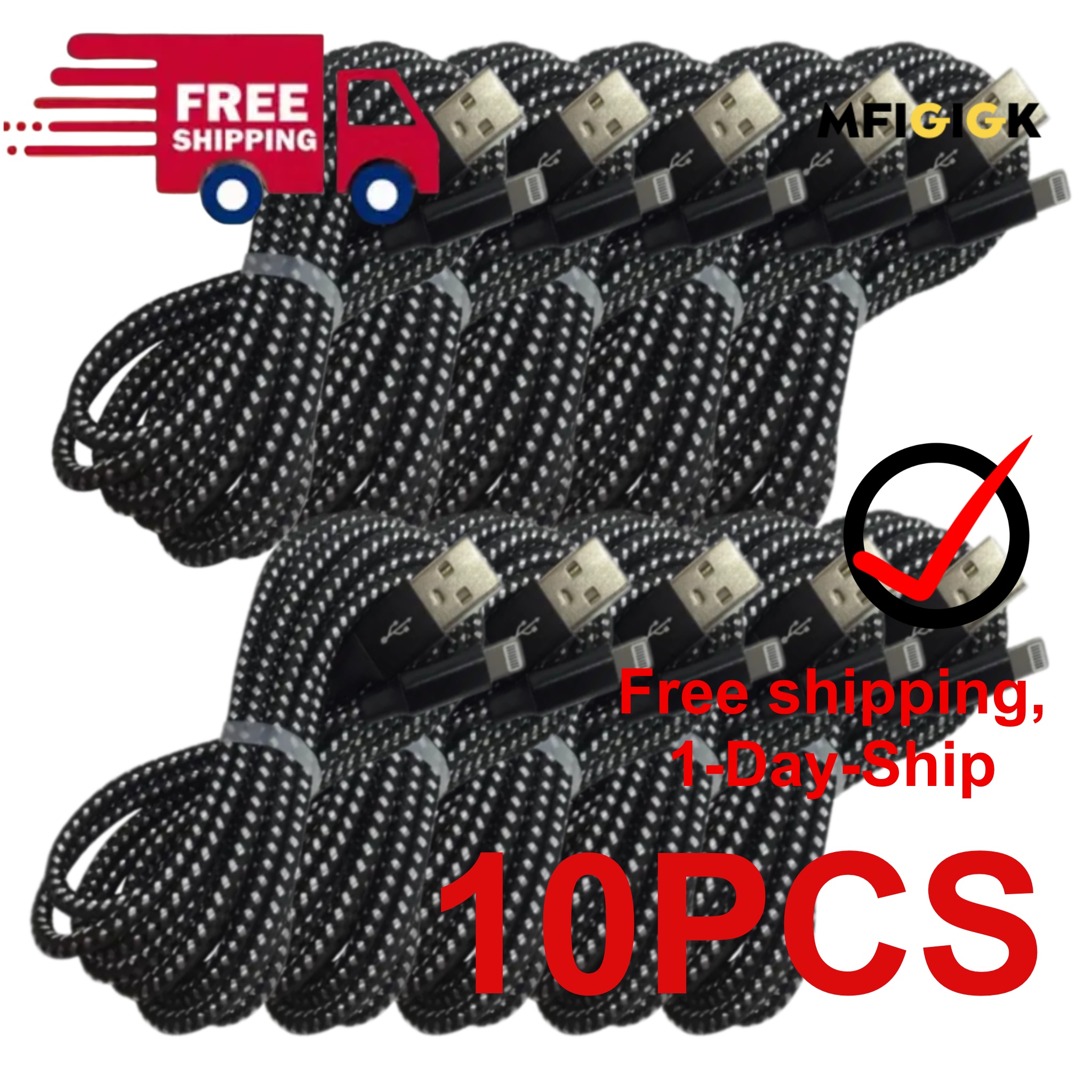 TEMU Mfiglgk [mfi Certified] 10pcs Charging Cable, Lot Braided Usb Cable 10ft For Iphone 14/ 13/ 12/ 11/ Xs/ Xr/ 8/ 7/ 6/ 5 Fast Charge Cord, Mfiglgk